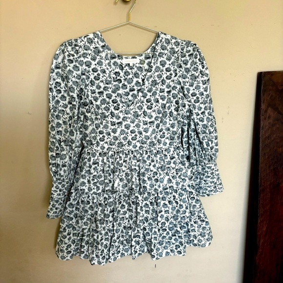 LoveShackFancy Paris Dandelion Print Long Puff Sleeve Ruffle Mini Dress 4 - Picture 2 of 11